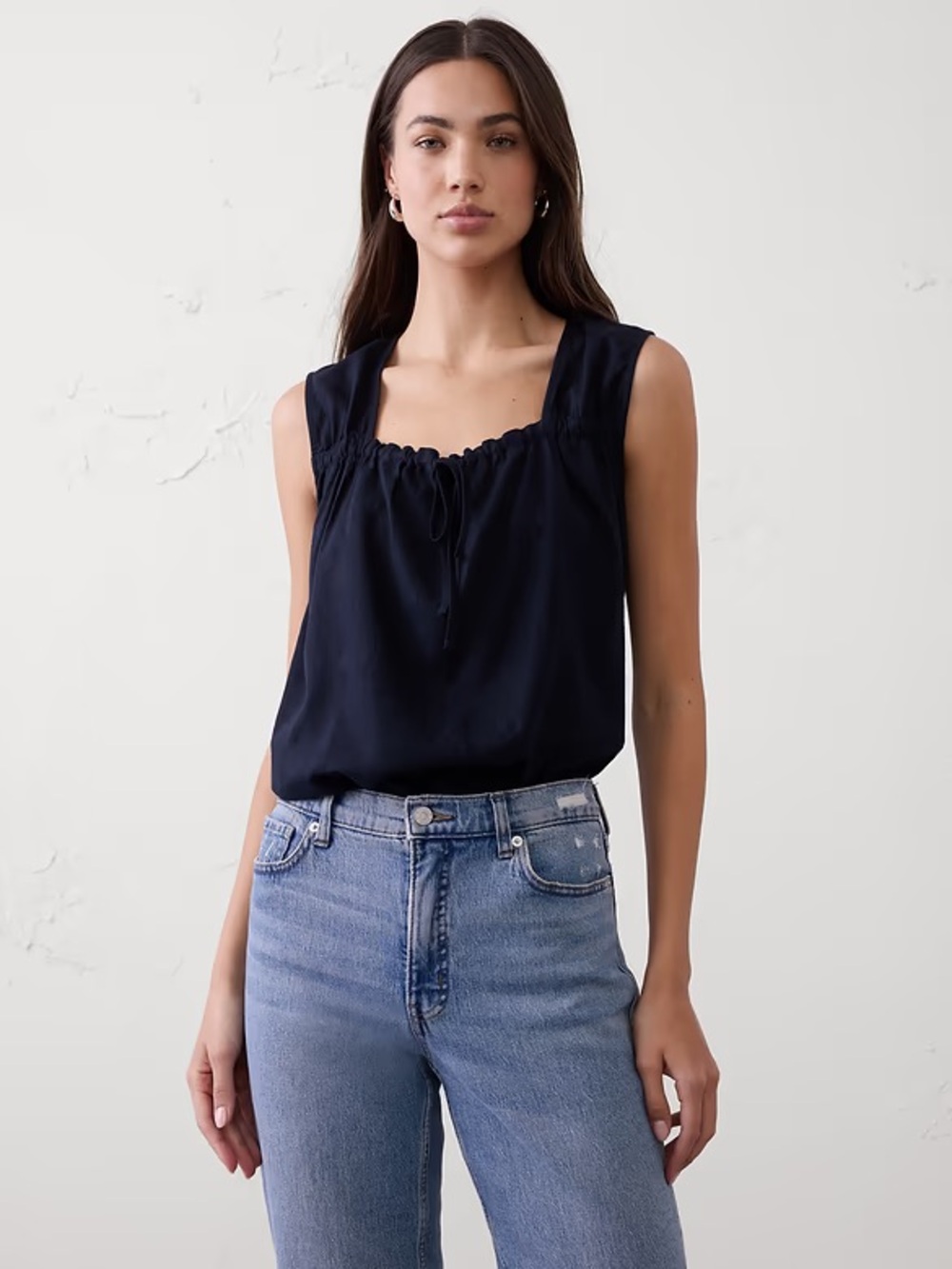 NWT Banana Republic Factory Linen Blend Tie Popover Top - Preppy Navy - Size S